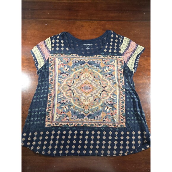 Lucky Brand Shirt Womens 2X Navy Boho Artsy Tee Tapestry Print Festival Comfy - Picture 1 of 4